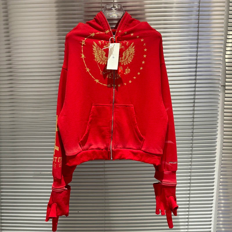 Red Project G/R Cracked Double Eagle Print Zipper Hoodie casual Glove Band Play Jackets Men Women Winter Autumn Casual Pullovers