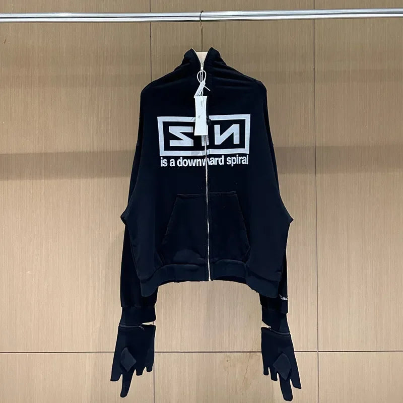 Black Project G/R Long Sleeve Zipper Loose Hoodie Men Women High Quality Band Winter Perform Glove Design Sweatshirts Pullovers