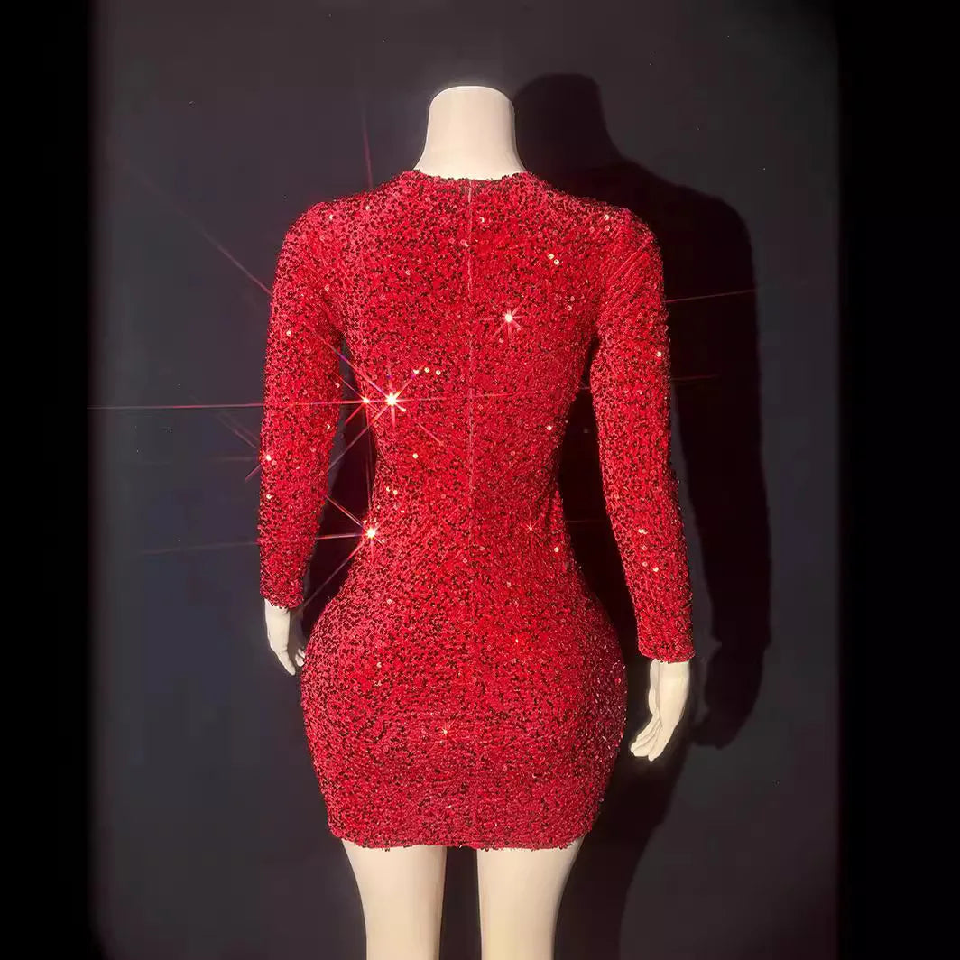 Red Rhinestone Perspective Fashion Sexy Party Dress