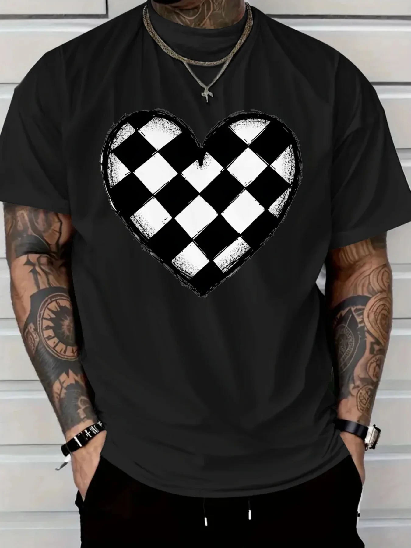Men's Navy Blue Cotton T-Shirt Checkerboard Heart Graphic Tee Soft Everyday Crewneck Shirt for Casual Formal Outfits