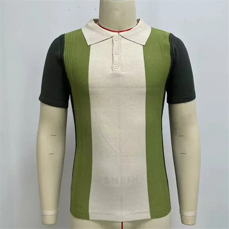 2024 Summer Contrast Color Knitted Polo Shirts Men Green Stripe Turn-down Collar Tops for Men Slim Fit Casual Business Polos