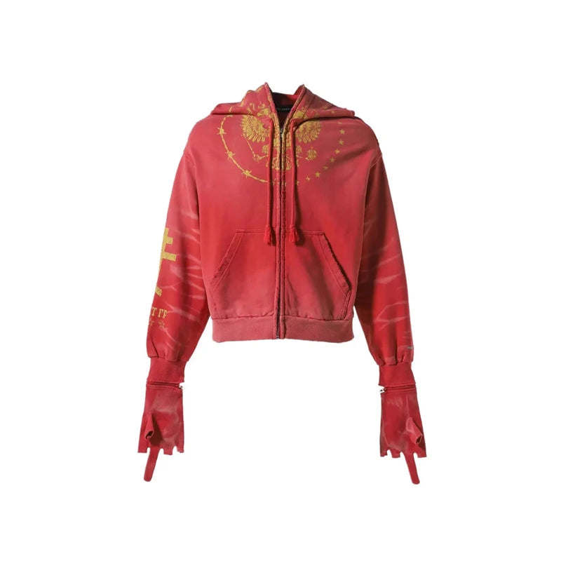 Red Project G/R Cracked Double Eagle Print Zipper Hoodie casual Glove Band Play Jackets Men Women Winter Autumn Casual Pullovers