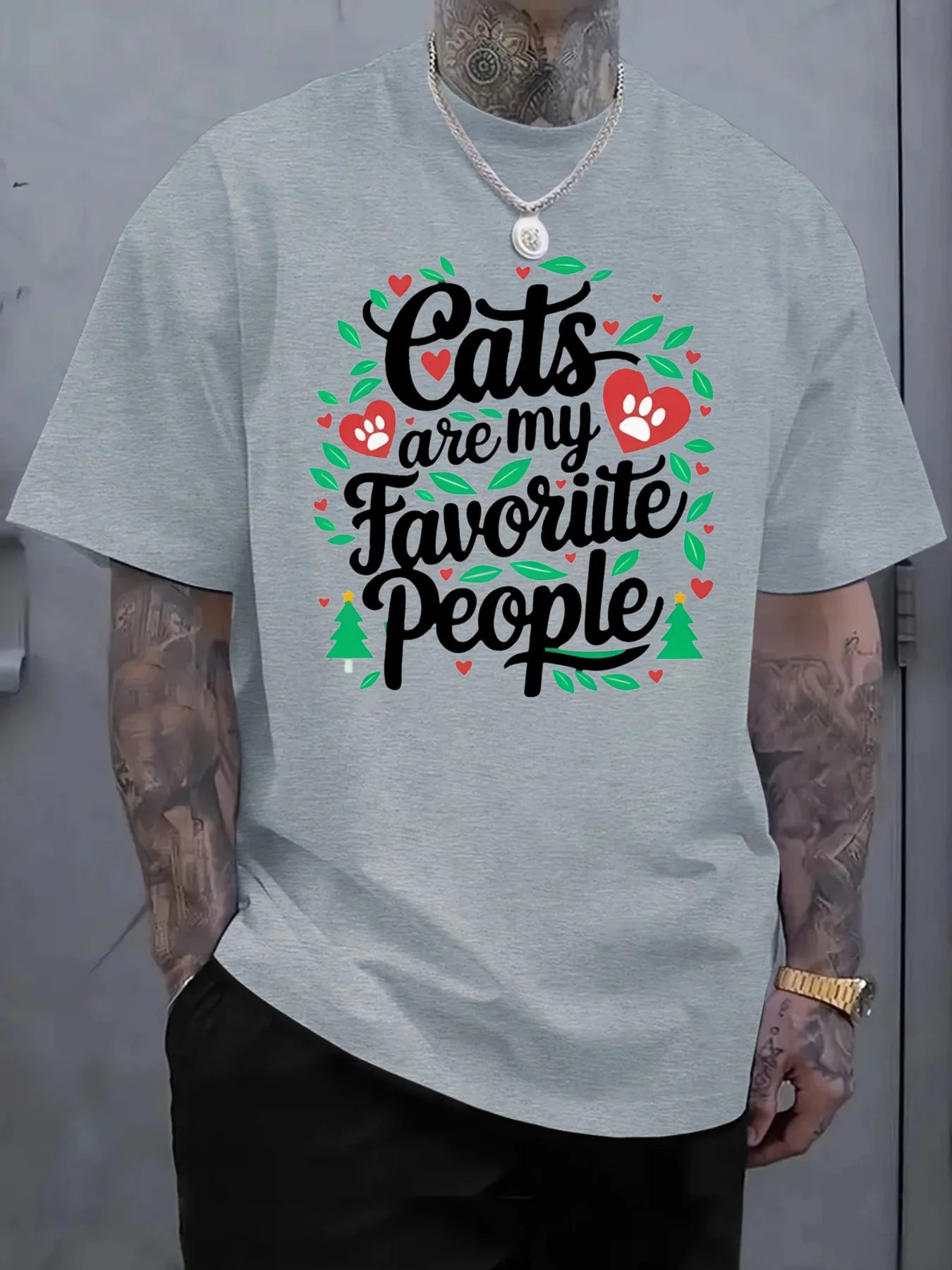 Men'S Casual Cotton T-Shirt with Cats Are My Favorite People Design Heart Accents and I Love Cats Text Casual Attire