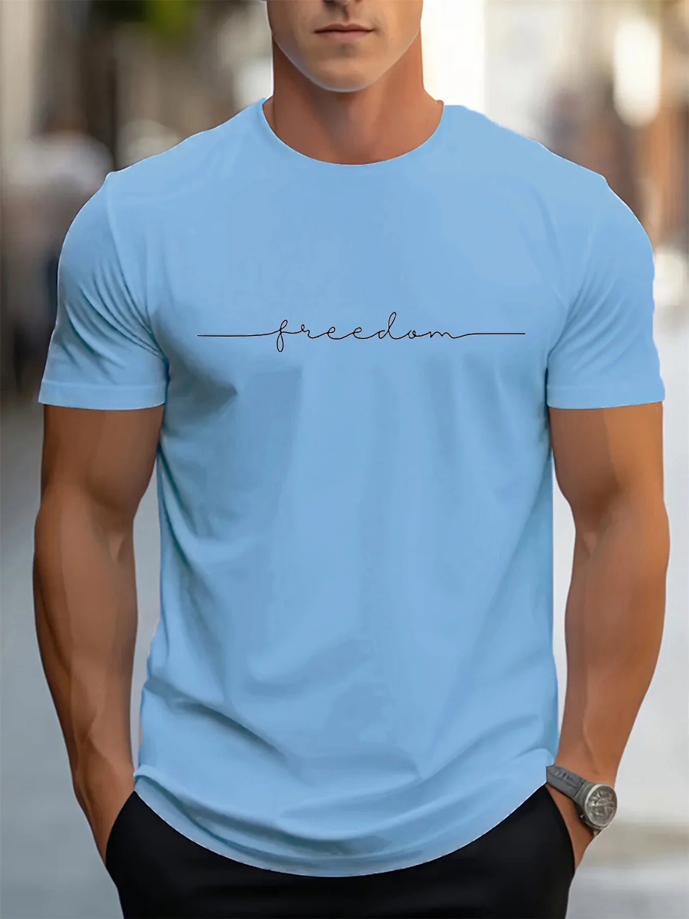 Men's 100% cotton summer fashionable casual loose plus size freedom graphic printed sports round neck short sleeved T-shirt top