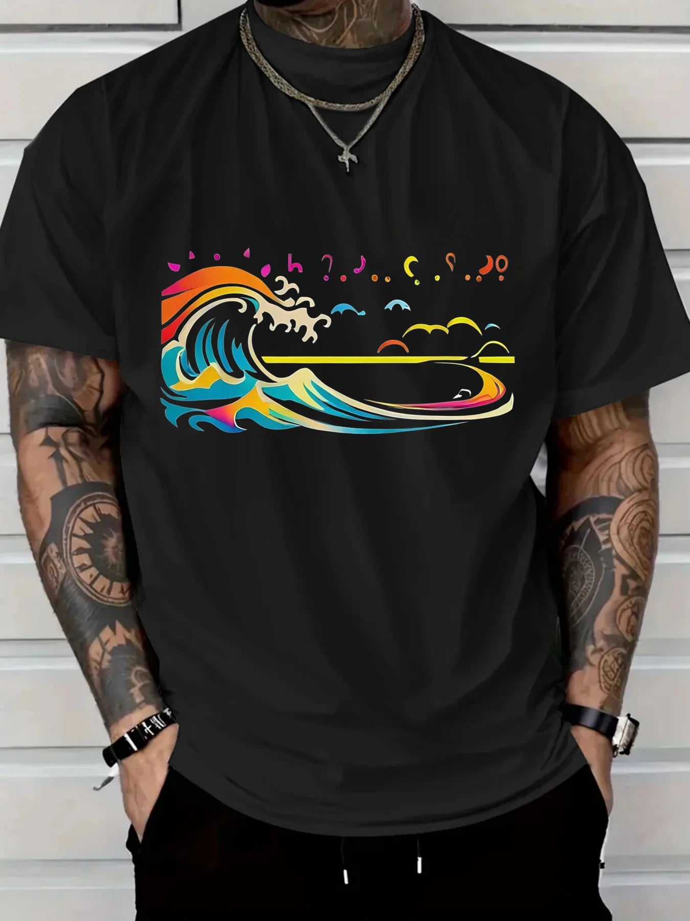 Men's Casual Cotton T-Shirt with Colorful Wave & Sky Graphic Print Outdoor & Daily Wear Breathable Fabric Fashion Enthusiasts