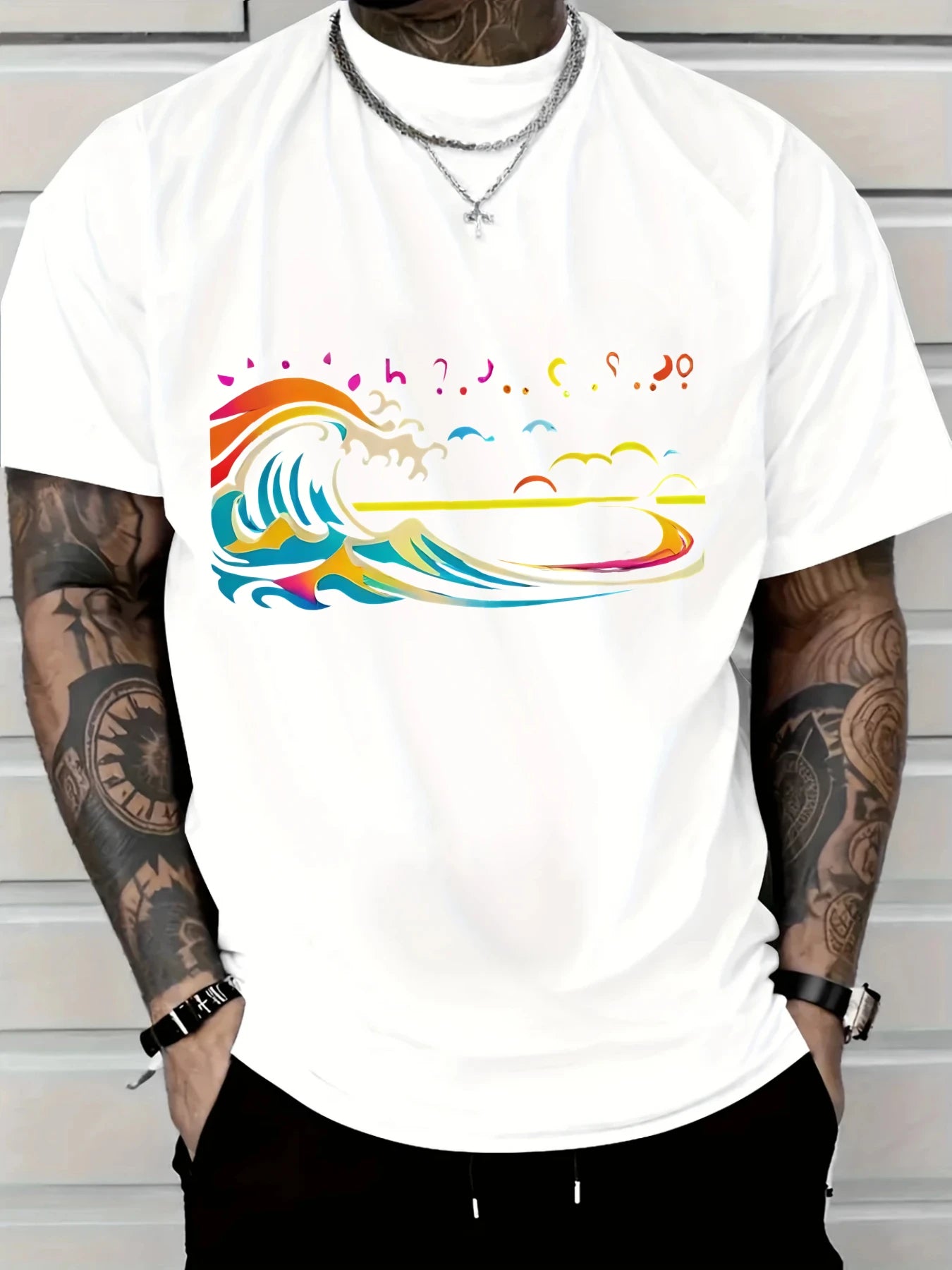 Men's Casual Cotton T-Shirt with Colorful Wave & Sky Graphic Print Outdoor & Daily Wear Breathable Fabric Fashion Enthusiasts