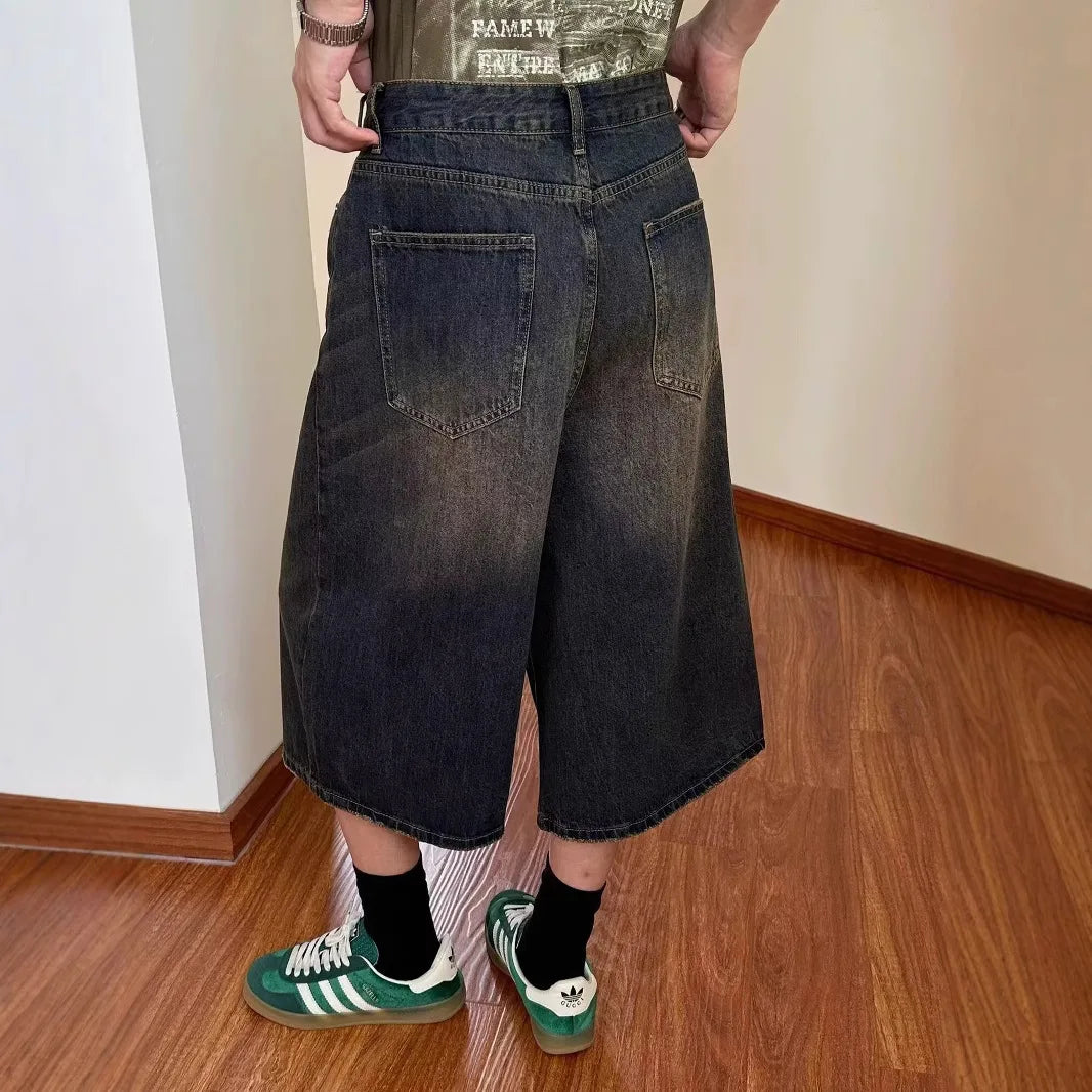 Vintage Men's Summer Loose Cropped Denim Shorts Y2k Fashion Wide Leg Washed Five-point Pants Straight Jeans Shorts