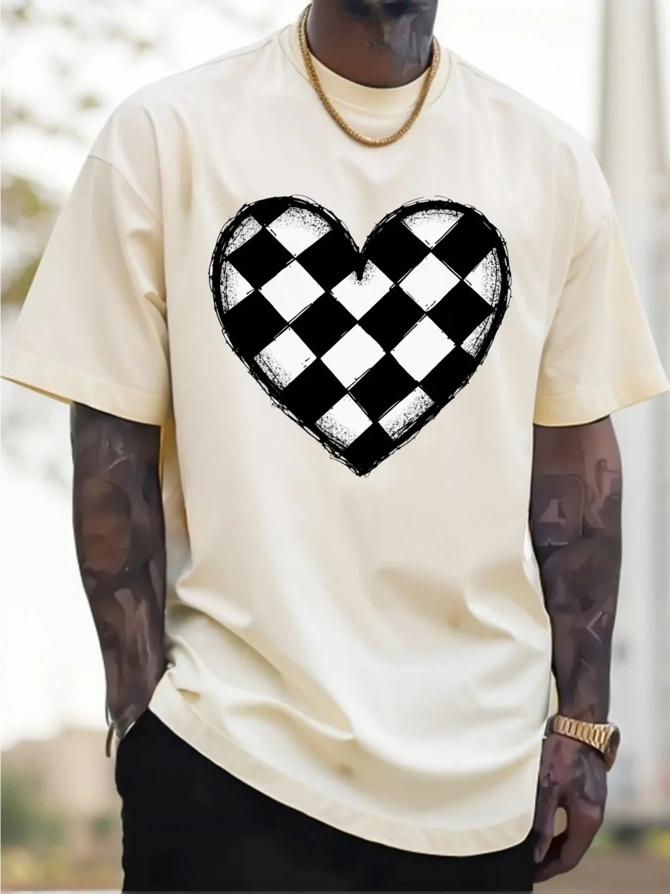 Men's Navy Blue Cotton T-Shirt Checkerboard Heart Graphic Tee Soft Everyday Crewneck Shirt for Casual Formal Outfits
