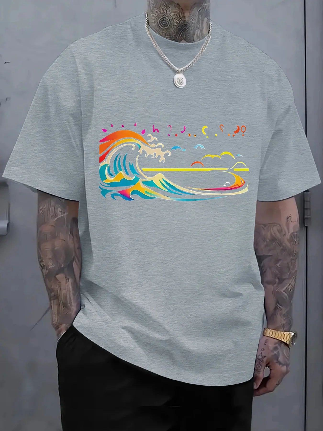 Men's Casual Cotton T-Shirt with Colorful Wave & Sky Graphic Print Outdoor & Daily Wear Breathable Fabric Fashion Enthusiasts