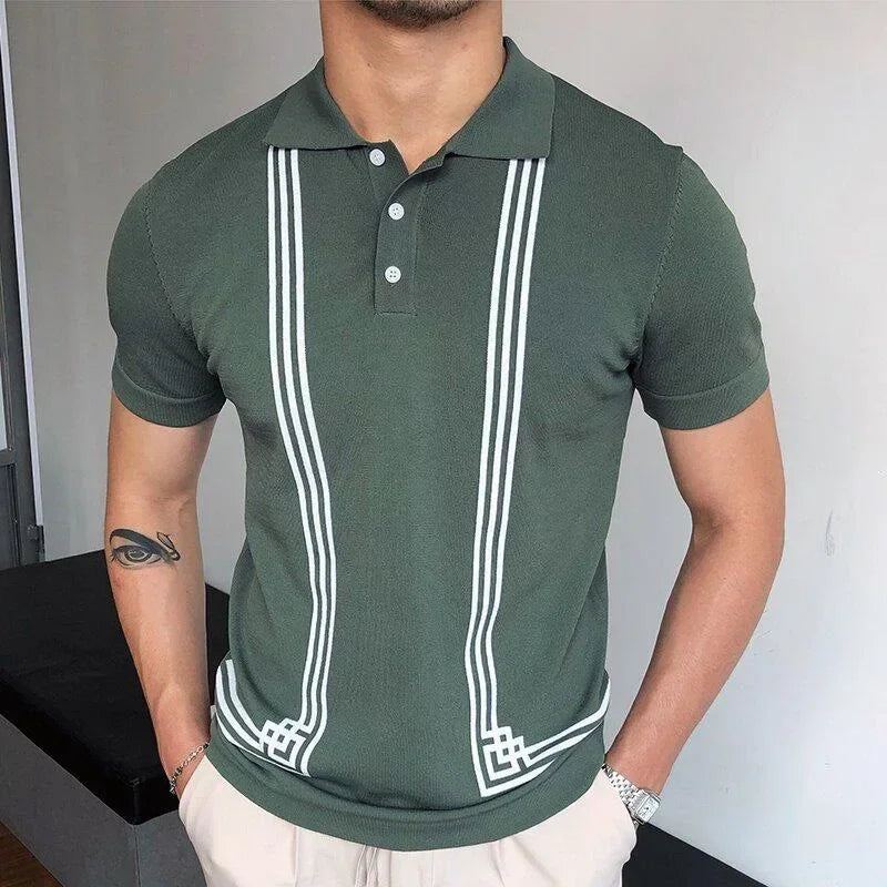 2024 Summer Contrast Color Knitted Polo Shirts Men Green Stripe Turn-down Collar Tops for Men Slim Fit Casual Business Polos