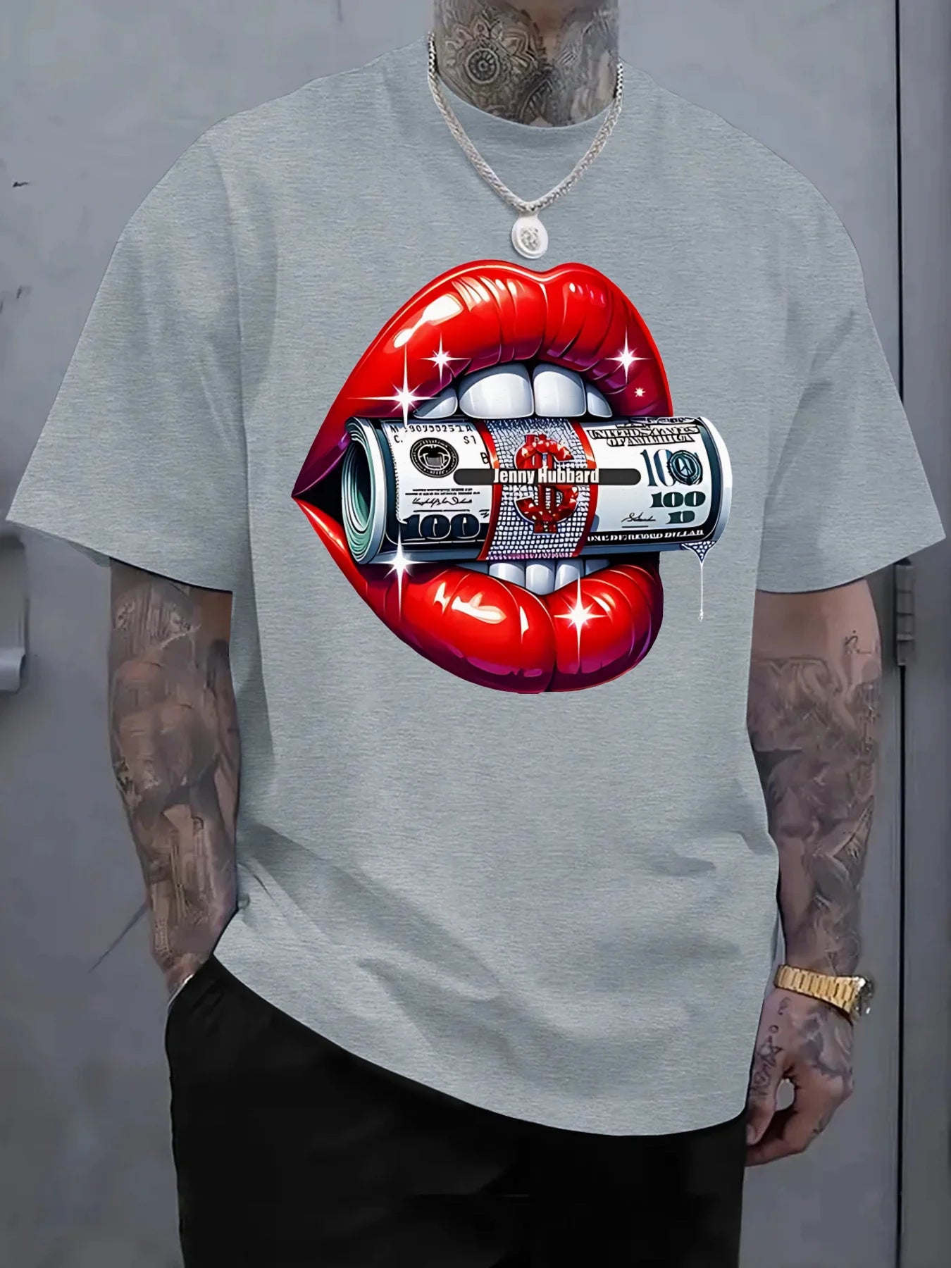 2025 Men'S New Casual Pure Cotton T-Shirt Featuring a Bold Design with Red Lips Biting a Rolled $100 Bill Breathable and Comfort