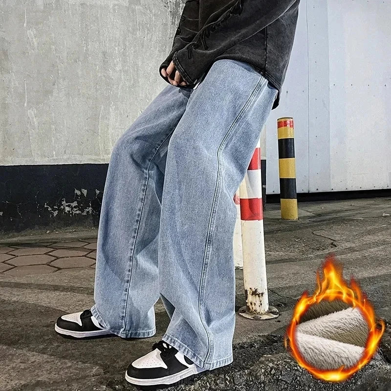 2024 New Streetwear Loose Jeans Men Korean Style Fashion Loose Straight Wide Leg Pants Men's Brand Clothing Black Light Blue