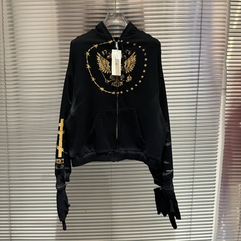 Red Project G/R Cracked Double Eagle Print Zipper Hoodie casual Glove Band Play Jackets Men Women Winter Autumn Casual Pullovers