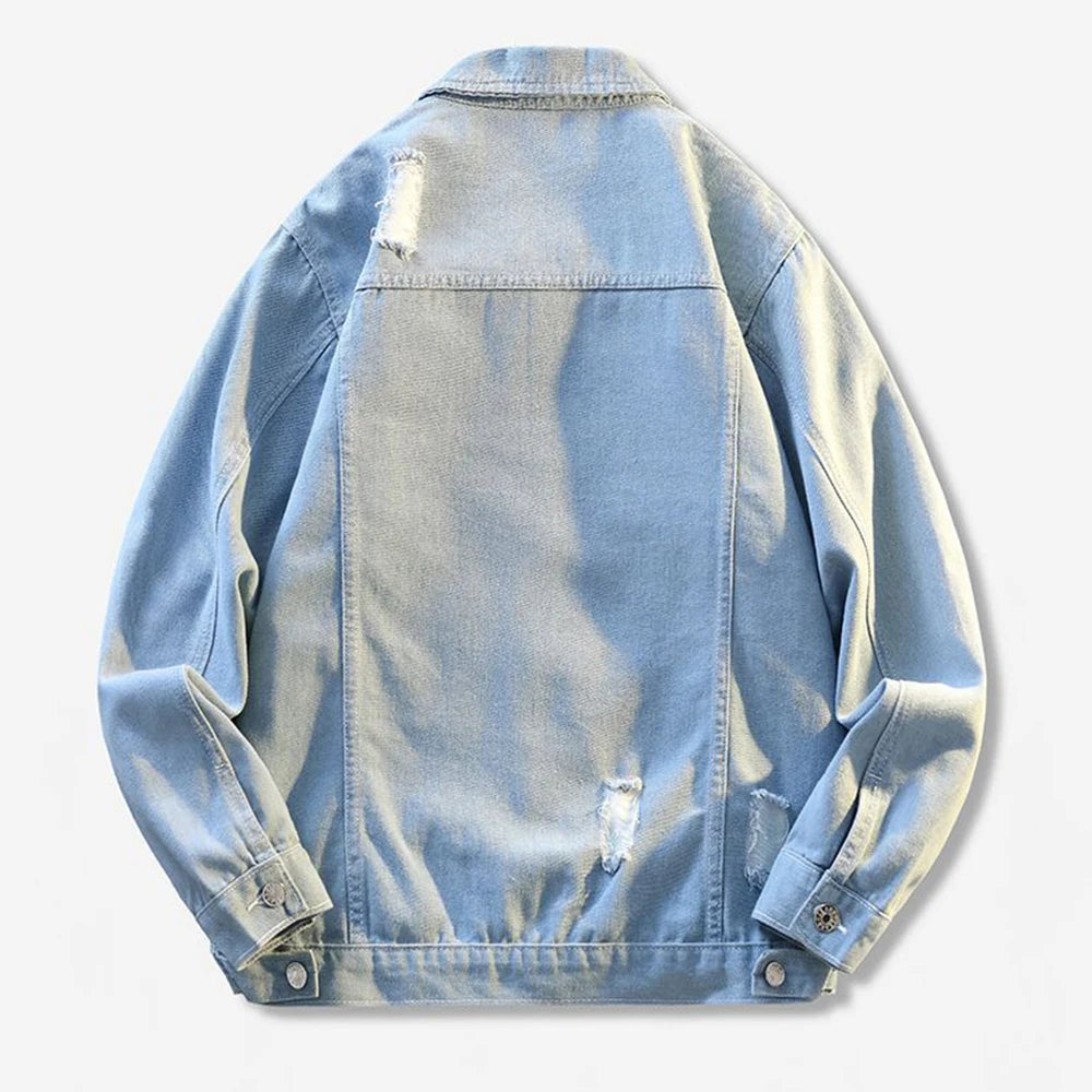 2025 Autumn Ripped Hole Vintage Men's Denim Jackets Washed Distressed Y2K Fashion Light Blue Black Turn-down Collar Jean Clothes