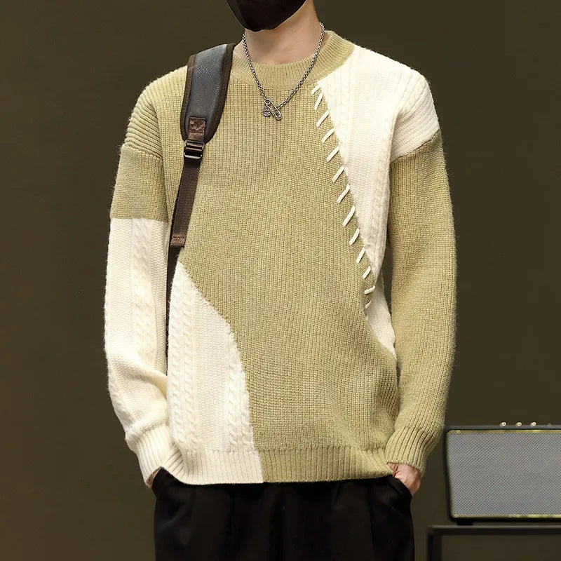 New Autumn Winter Men's Warm Sweater Fashion Patchwork O-Neck Knitted Pulovers Men Loose Casual Streetwear Daily Knit Sweaters