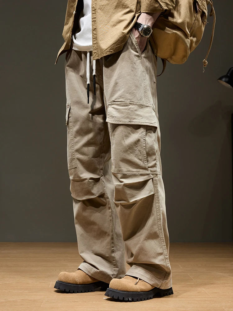 Men's Baggy Cargo Pants with 6 Pockets 100% Cotton Drawstring Elastic Waist Wide Leg Workwear Casual Pants Plus Size 8XL