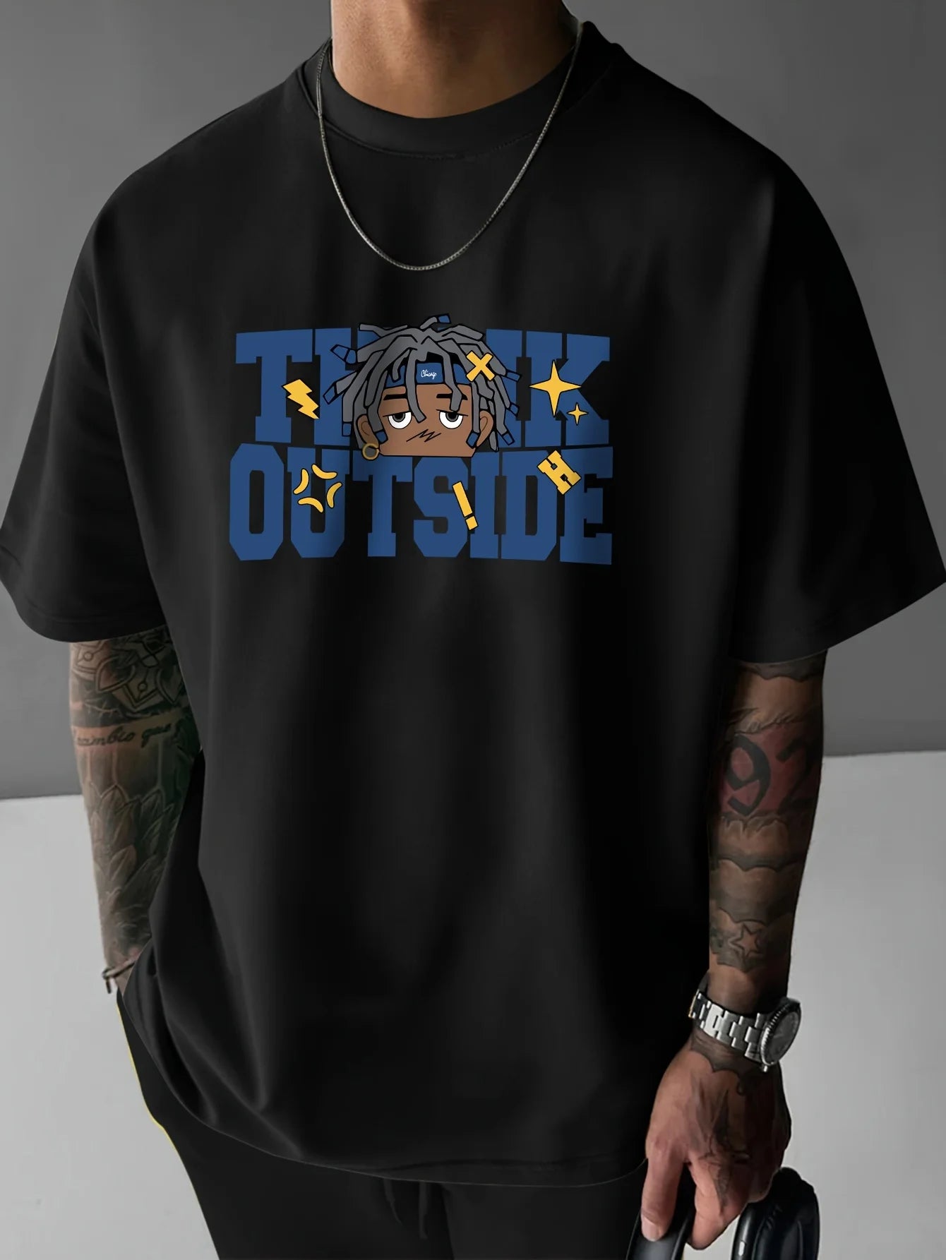 Men's Black "The Outside" Graphic Tee - Casual Short Sleeve T-Shirt with Bold Blue Lettering & Animated Character Design