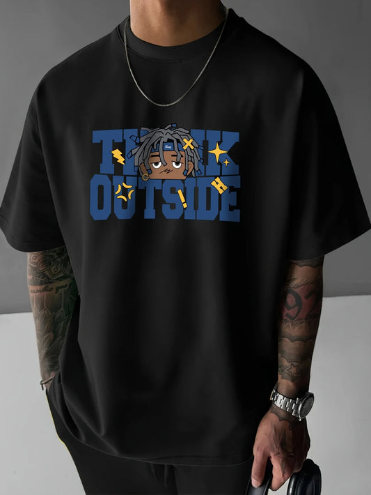 Men's Black "The Outside" Graphic Tee - Casual Short Sleeve T-Shirt with Bold Blue Lettering & Animated Character Design