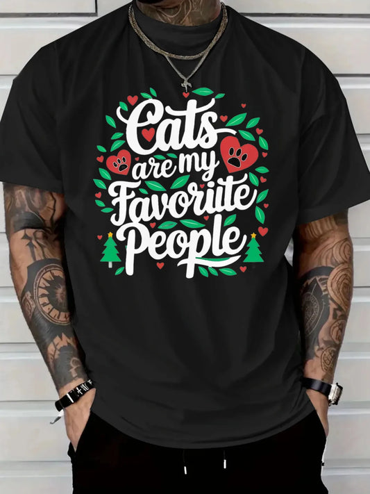Men'S Casual Cotton T-Shirt with Cats Are My Favorite People Design Heart Accents and I Love Cats Text Casual Attire