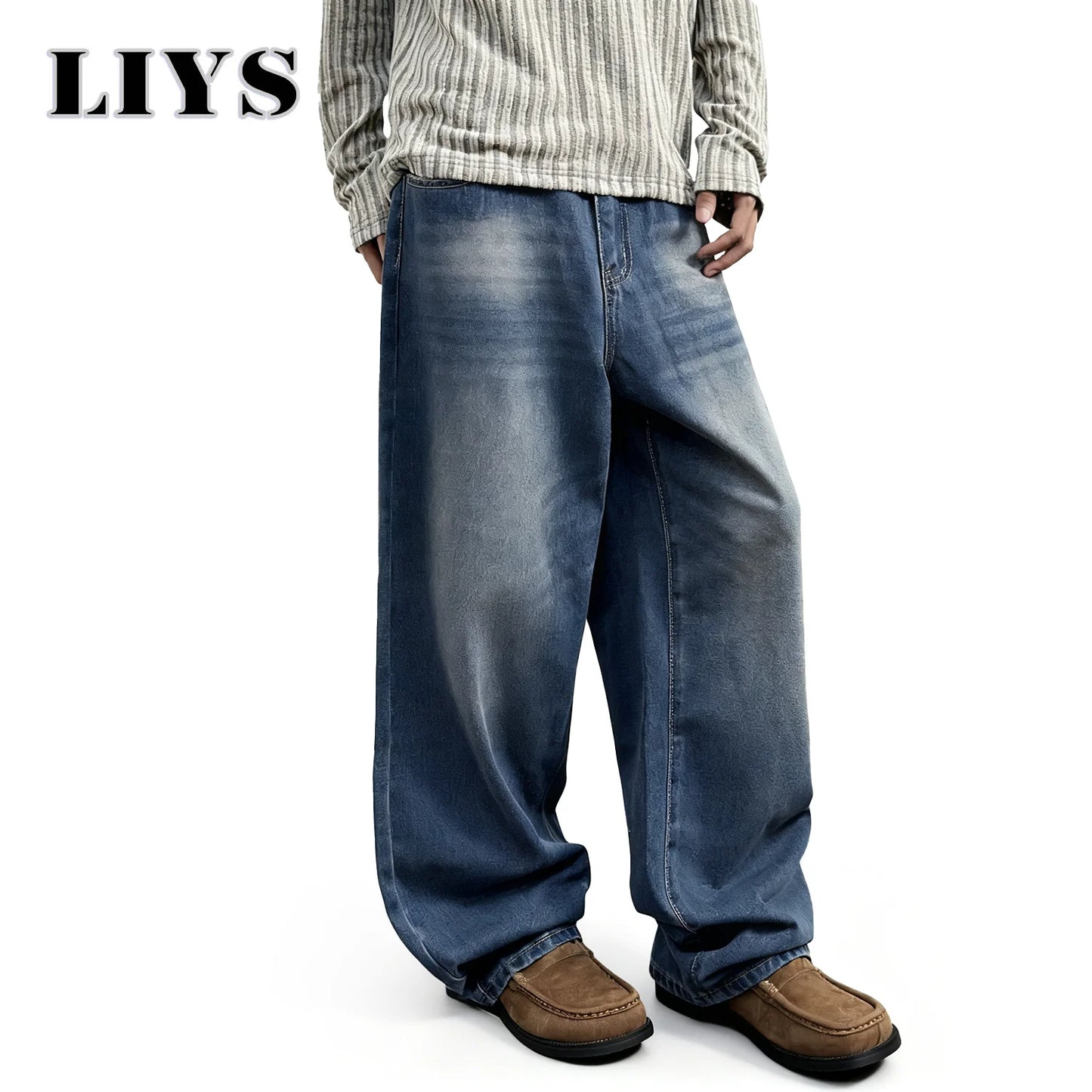 Autumn Men's Daily Denim Pants Retro Blue Washed Male Baggy Jeans Four Seasons Straight Casual Menwear Loose Wide Leg Jeans ﻿