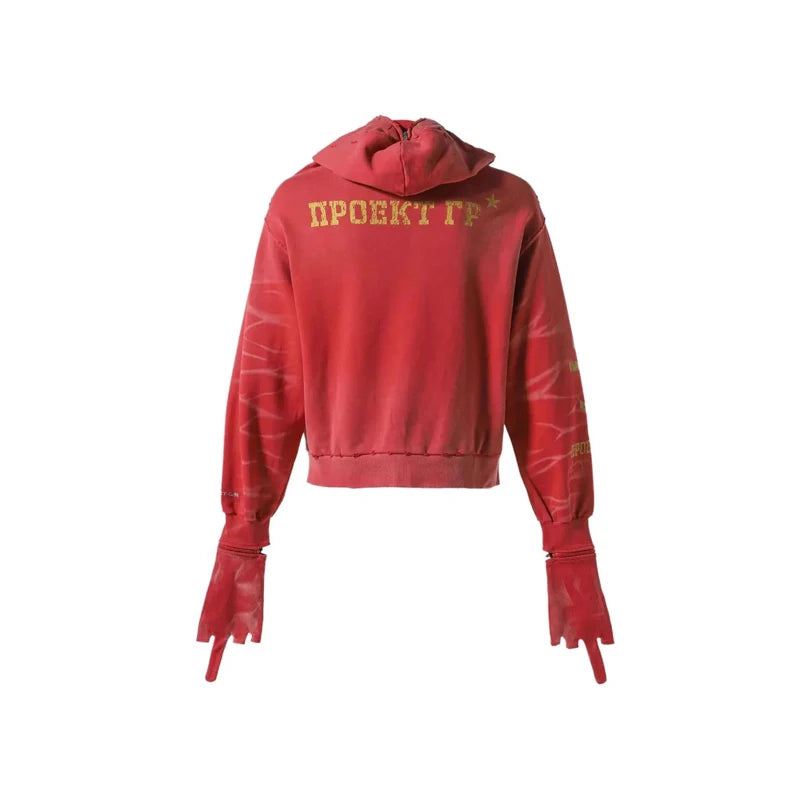 Red Project G/R Cracked Double Eagle Print Zipper Hoodie casual Glove Band Play Jackets Men Women Winter Autumn Casual Pullovers