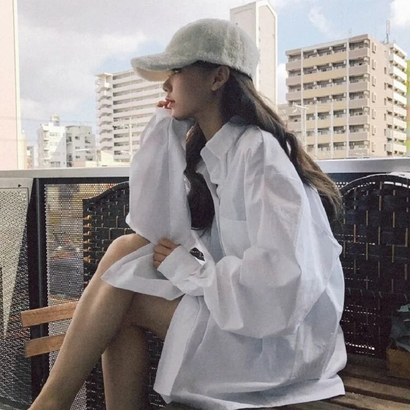 Oversize Women's White Basic Shirt Long Sleeve