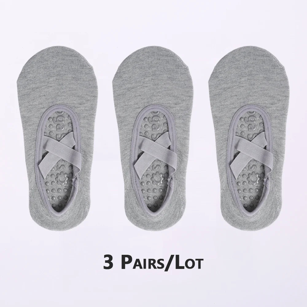 3 Pairs Non-Slip Pilates Socks Bandage Cotton Backless Yoga Socks for Women