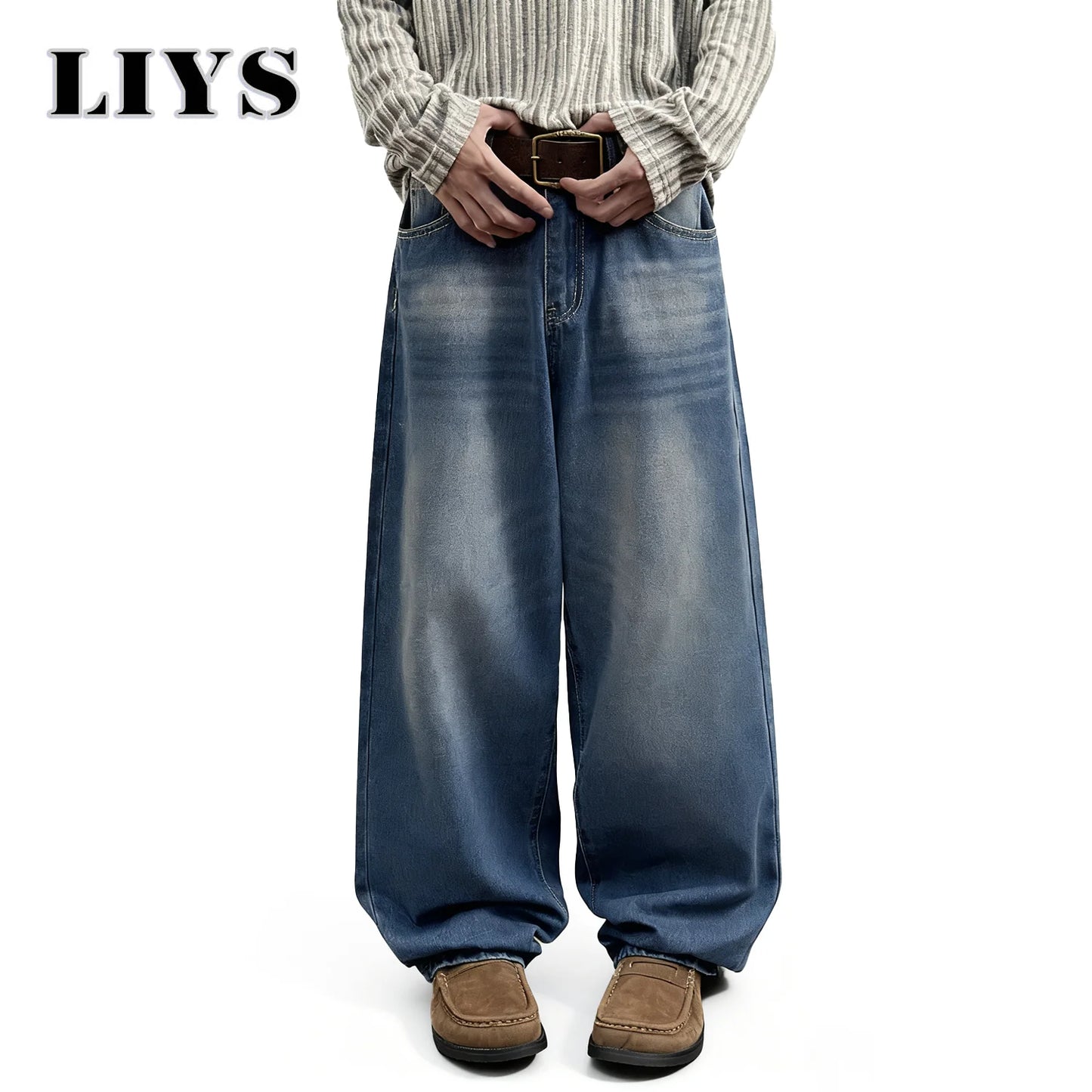 Autumn Men's Daily Denim Pants Retro Blue Washed Male Baggy Jeans Four Seasons Straight Casual Menwear Loose Wide Leg Jeans ﻿