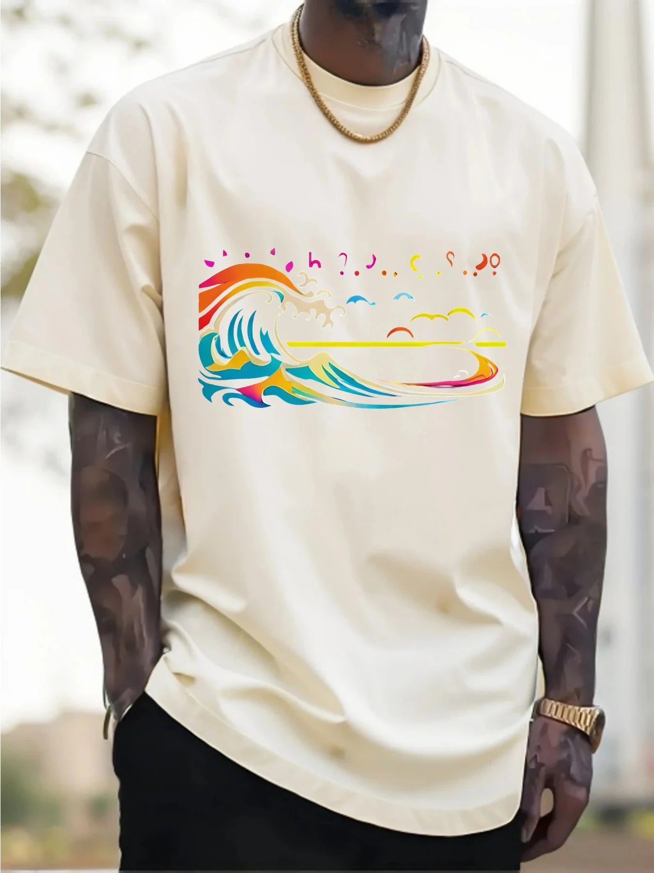 Men's Casual Cotton T-Shirt with Colorful Wave & Sky Graphic Print Outdoor & Daily Wear Breathable Fabric Fashion Enthusiasts