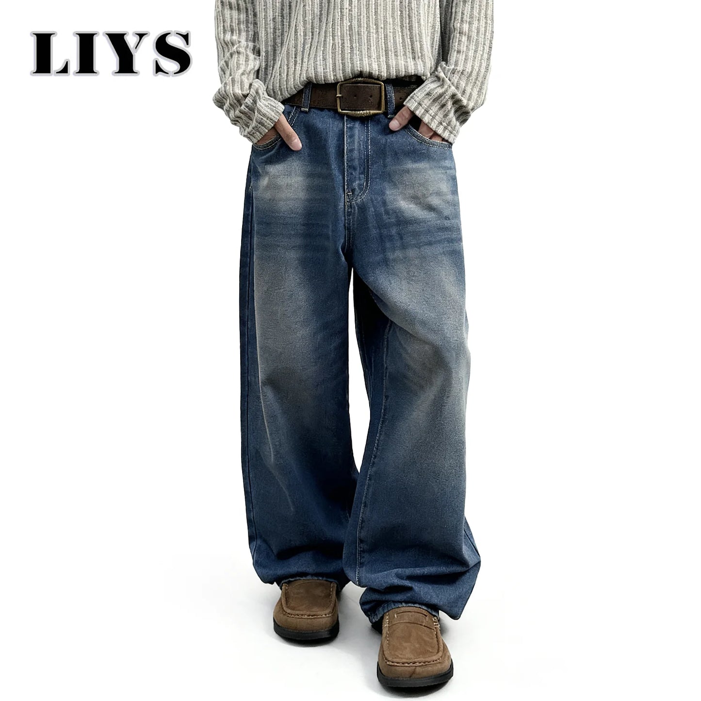 Autumn Men's Daily Denim Pants Retro Blue Washed Male Baggy Jeans Four Seasons Straight Casual Menwear Loose Wide Leg Jeans ﻿