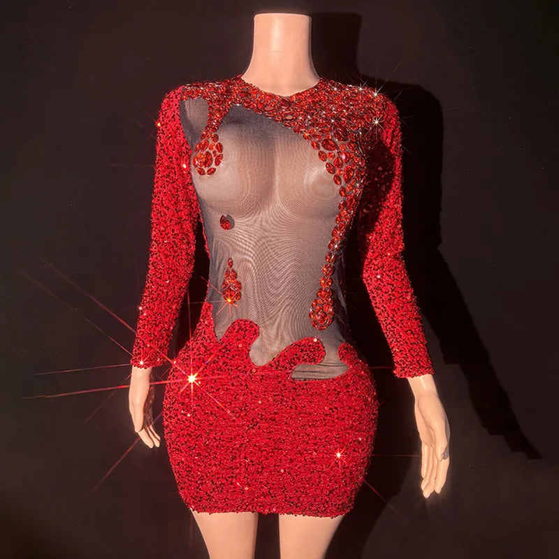 Red Rhinestone Perspective Fashion Sexy Party Dress
