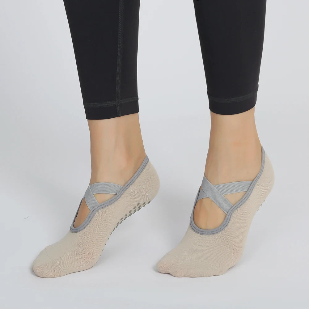 3 Pairs Non-Slip Pilates Socks Bandage Cotton Backless Yoga Socks for Women