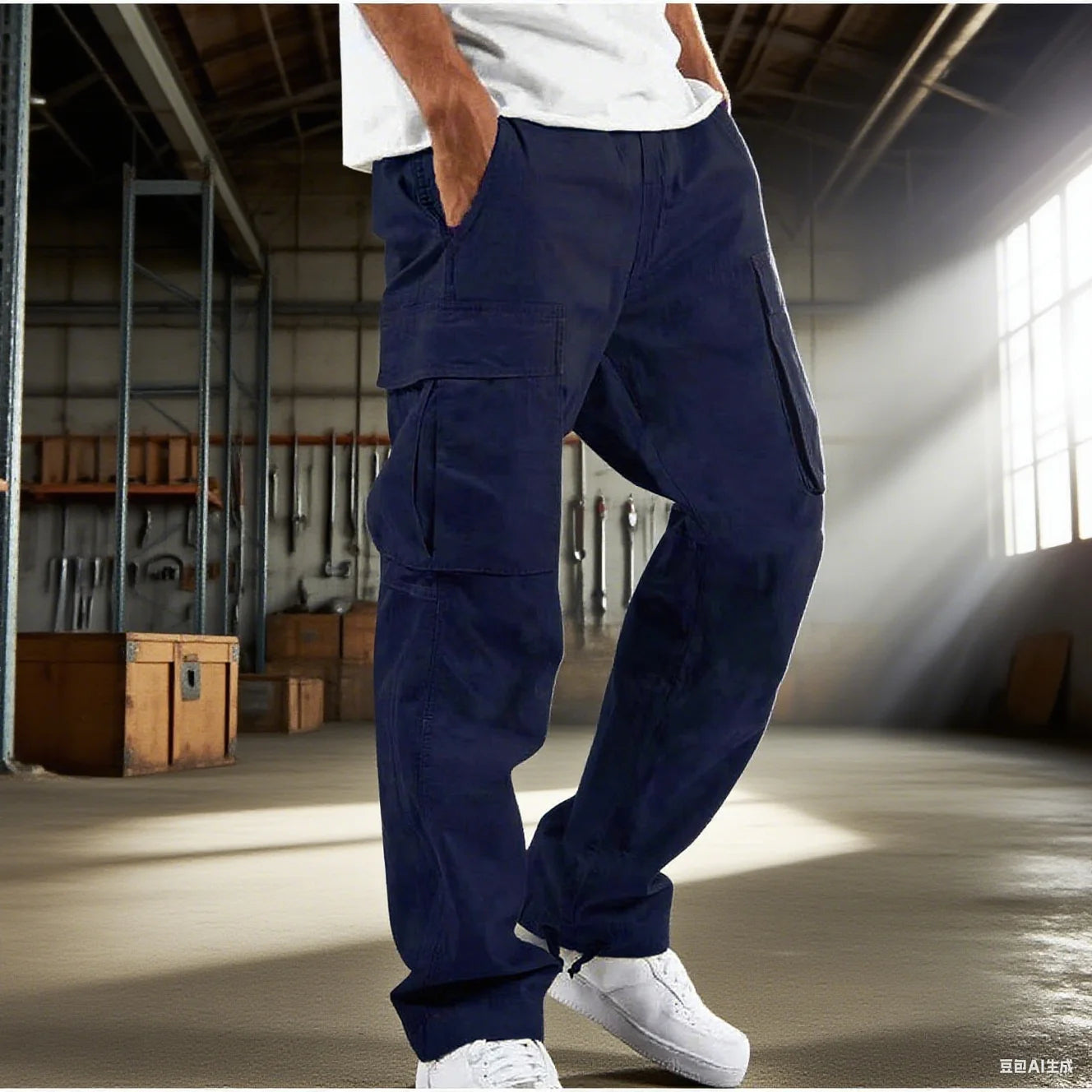 eep blue workwear pants with classic multi pocket design, featuring large capacity three-dimensional pockets on both thighs pair