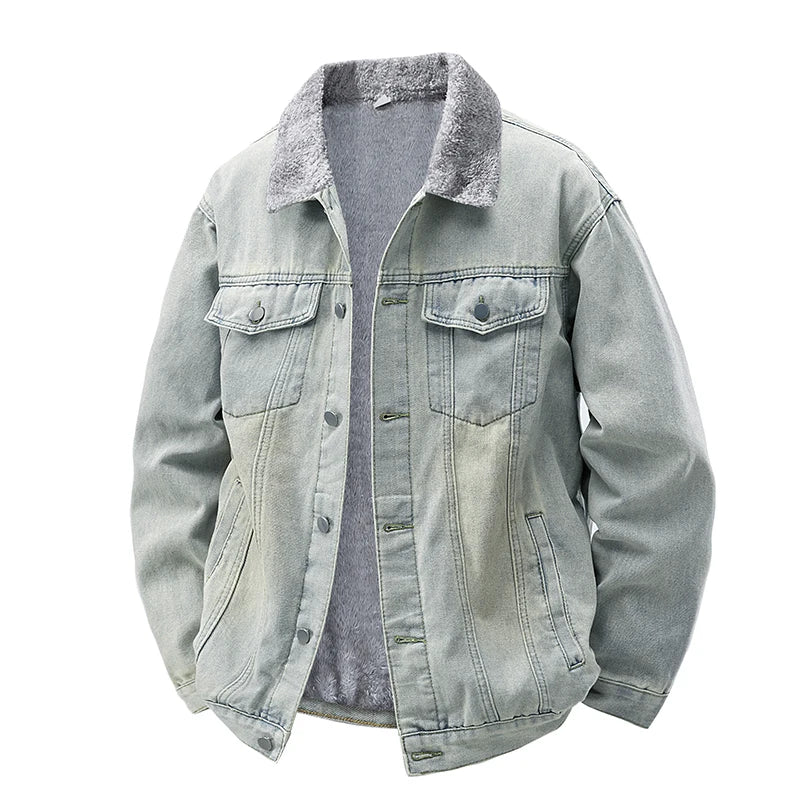 2025 New Fleece-Lined Denim Jacket Men's Loose Fit Warm Work Clothes Trendy Korean Style Casual Thickened Jacket