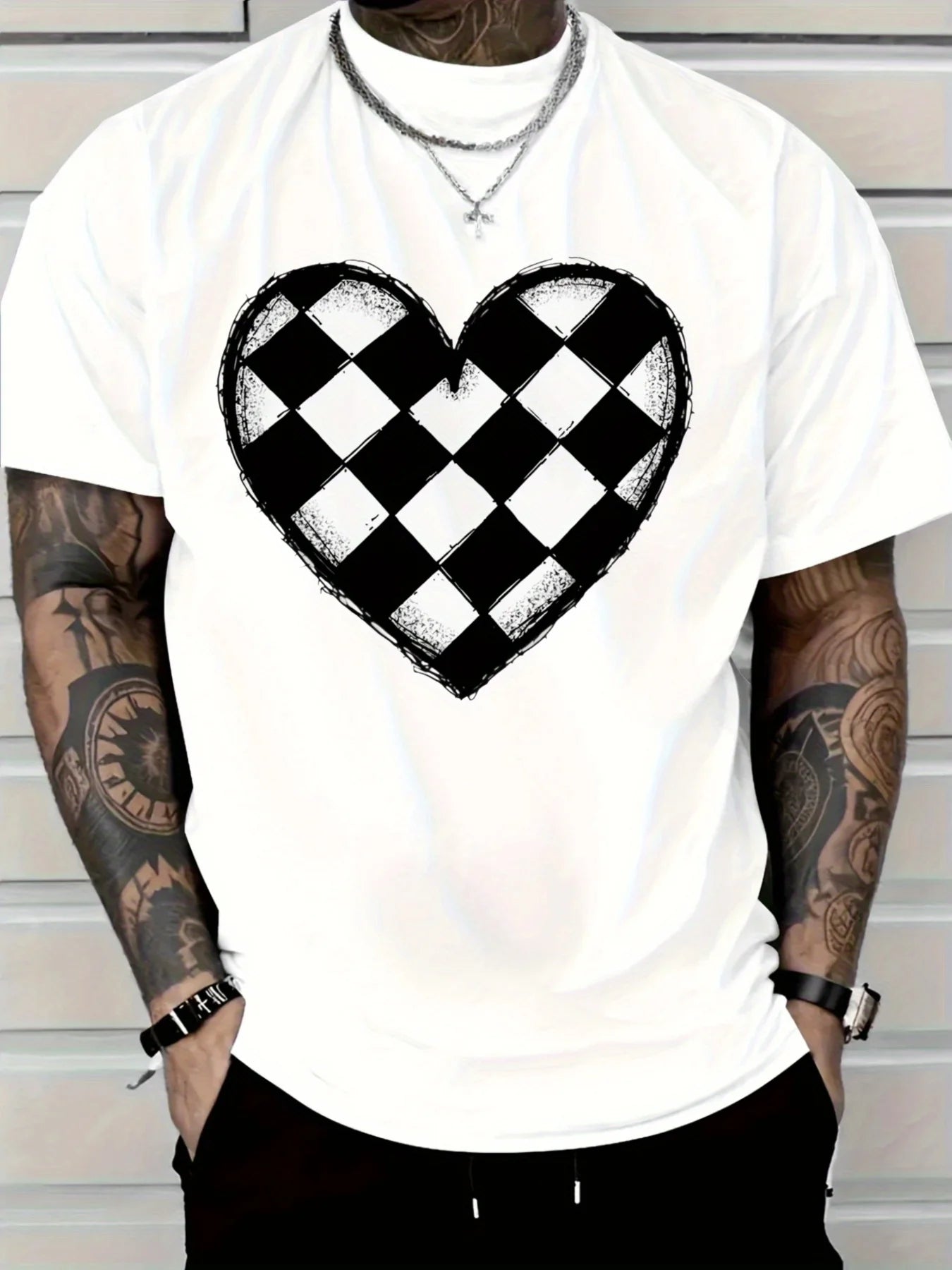 Men's Navy Blue Cotton T-Shirt  Checkerboard Heart Graphic Tee Soft Everyday Crewneck Shirt for Casual  Formal Outfits