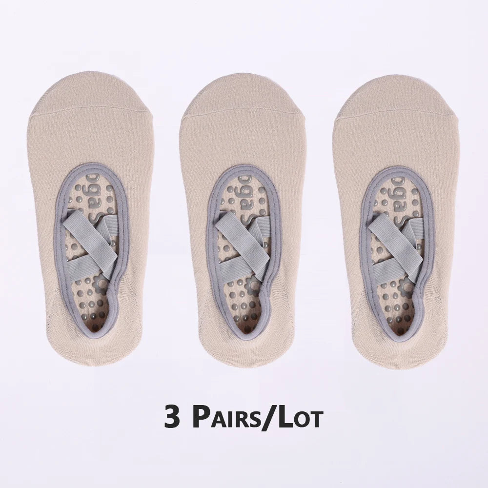 3 Pairs Non-Slip Pilates Socks Bandage Cotton Backless Yoga Socks for Women