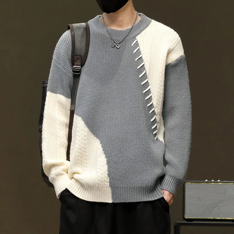 New Autumn Winter Men's Warm Sweater Fashion Patchwork O-Neck Knitted Pulovers Men Loose Casual Streetwear Daily Knit Sweaters