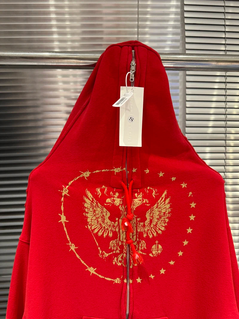 Double Cracked Eagle Print Project G/R Zipper Hoodie Jacket Glove Band Play Clothes Men Women Red Black Loose Caual Pullovers