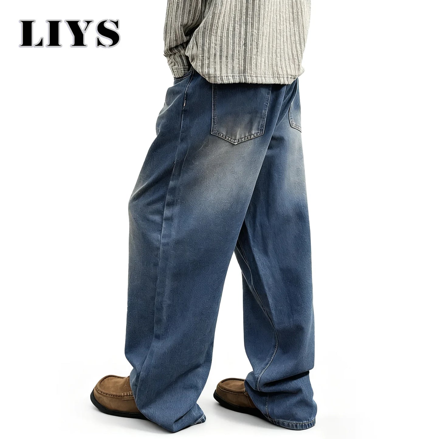 Autumn Men's Daily Denim Pants Retro Blue Washed Male Baggy Jeans Four Seasons Straight Casual Menwear Loose Wide Leg Jeans ﻿
