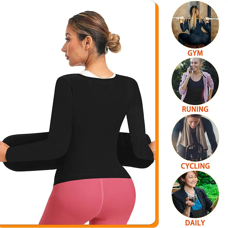 Yoga Sauna Shirt for Women Long Sleeve Top Sauna Waist Trainer for Women Weight Loss Sauna Suit Workout Sauna Vest Zipper Body Shaper