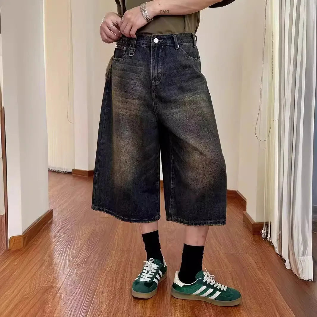 Vintage Men's Summer Loose Cropped Denim Shorts Y2k Fashion Wide Leg Washed Five-point Pants Straight Jeans Shorts