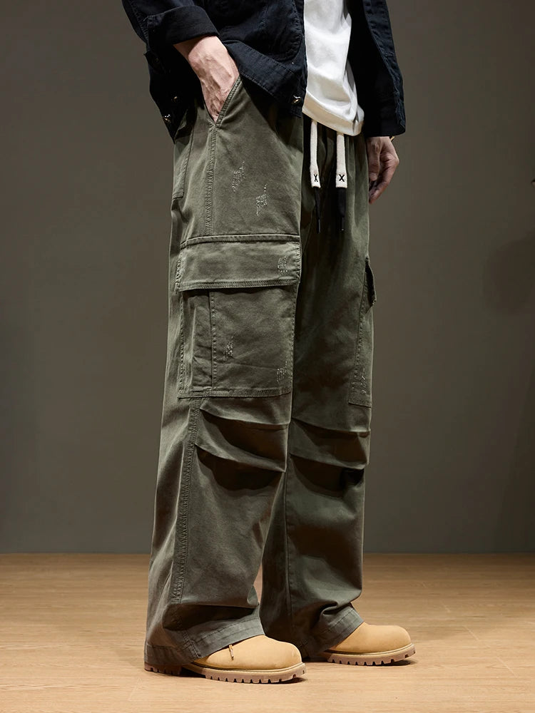 Men's Baggy Cargo Pants with 6 Pockets 100% Cotton Drawstring Elastic Waist Wide Leg Workwear Casual Pants Plus Size 8XL