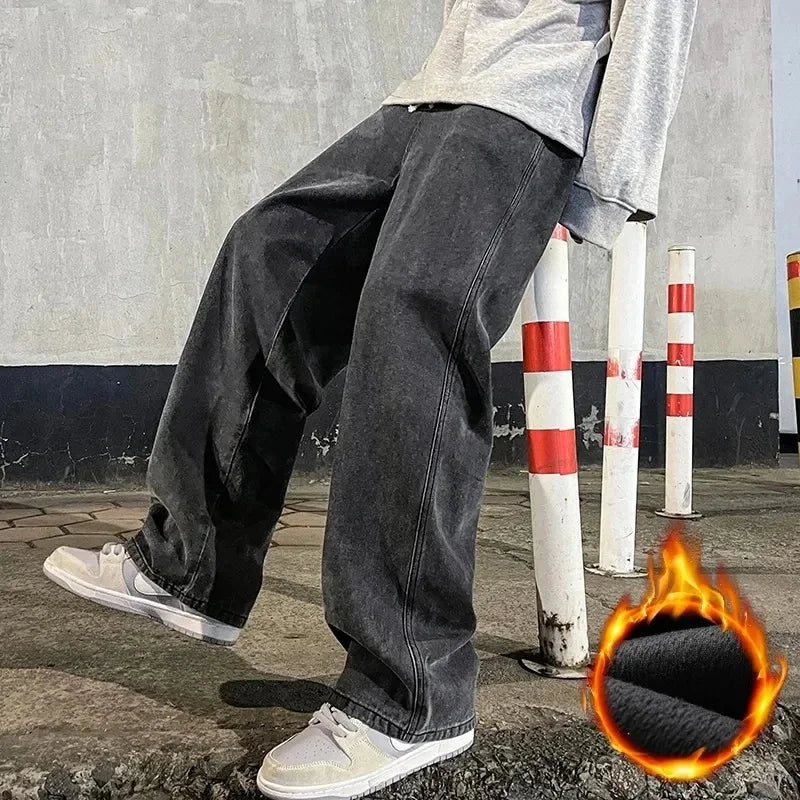 2024 New Streetwear Loose Jeans Men Korean Style Fashion Loose Straight Wide Leg Pants Men's Brand Clothing Black Light Blue