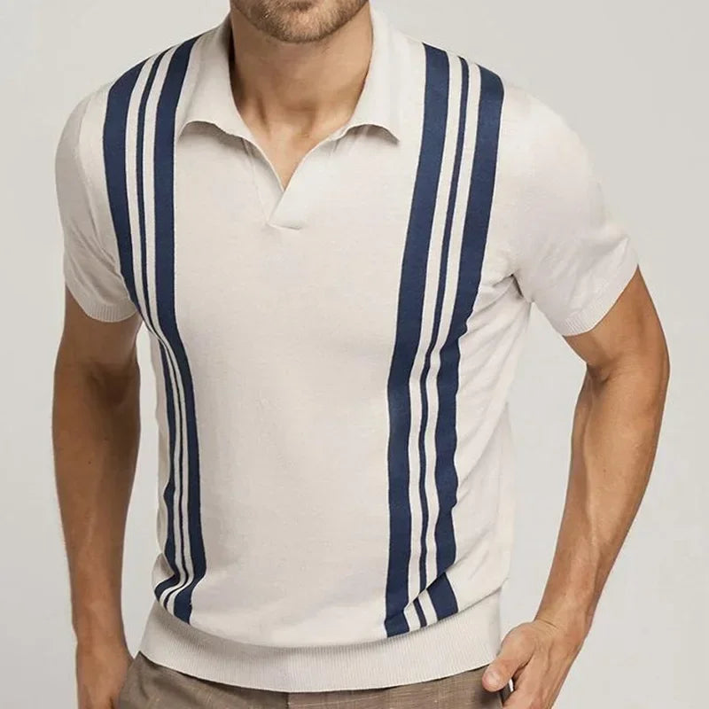 2024 Summer Contrast Color Knitted Polo Shirts Men Green Stripe Turn-down Collar Tops for Men Slim Fit Casual Business Polos