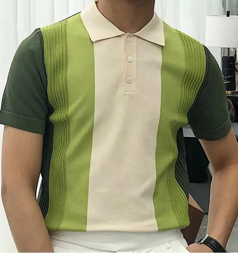 2024 Summer Contrast Color Knitted Polo Shirts Men Green Stripe Turn-down Collar Tops for Men Slim Fit Casual Business Polos