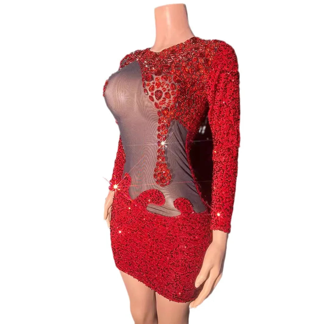 Red Rhinestone Perspective Fashion Sexy Party Dress