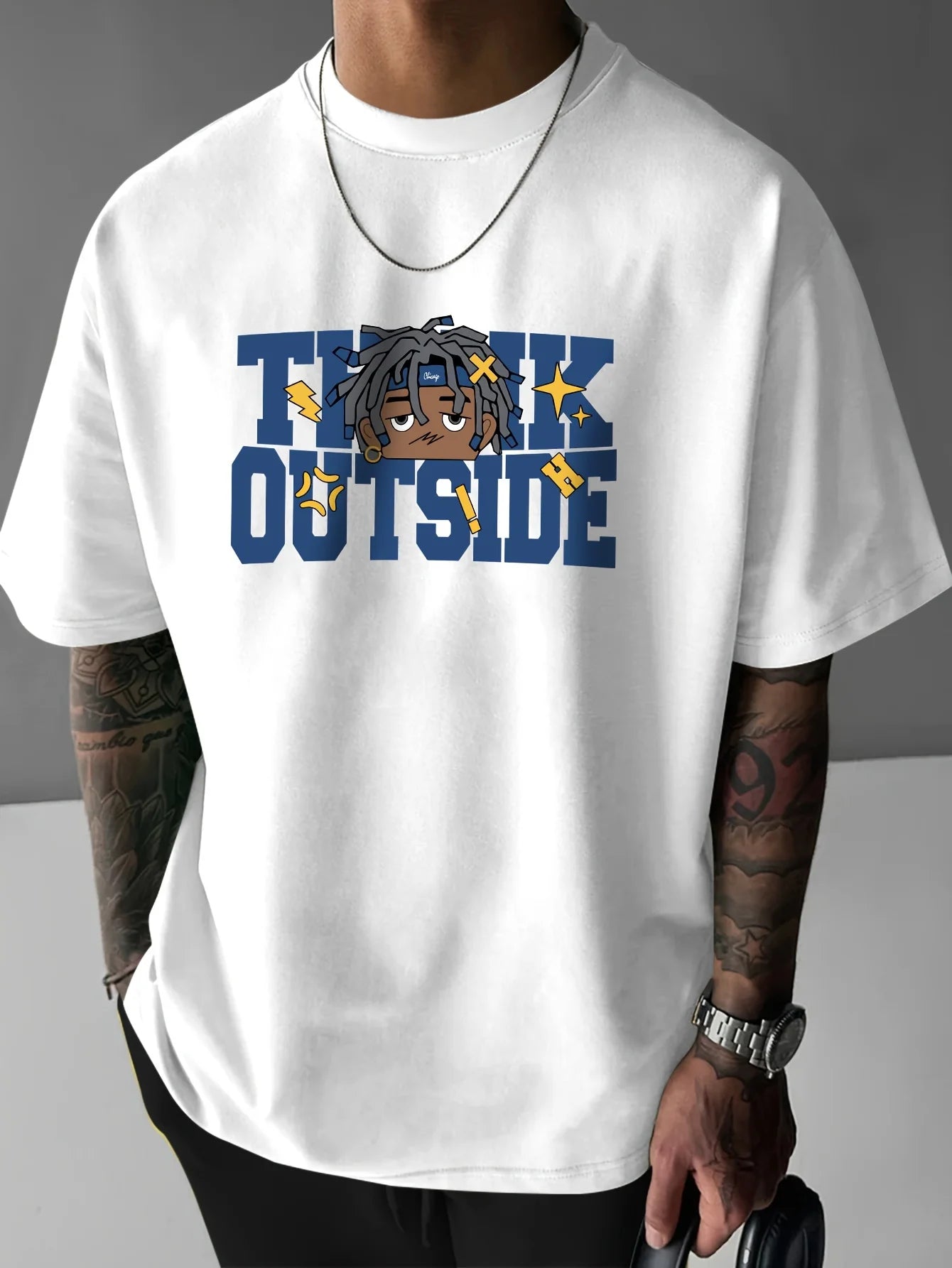 Men's Black "The Outside" Graphic Tee - Casual Short Sleeve T-Shirt with Bold Blue Lettering & Animated Character Design