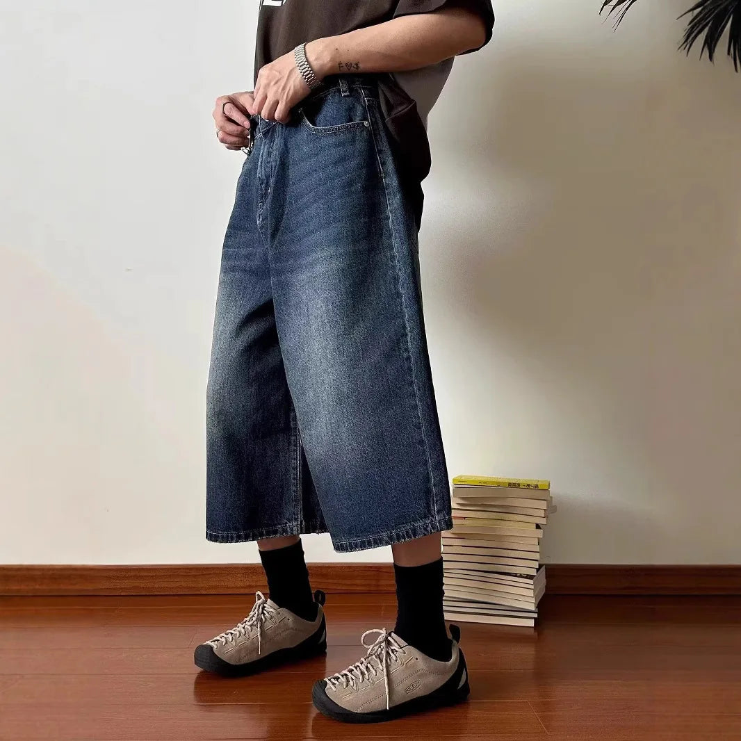 Vintage Men's Summer Loose Cropped Denim Shorts Y2k Fashion Wide Leg Washed Five-point Pants Straight Jeans Shorts