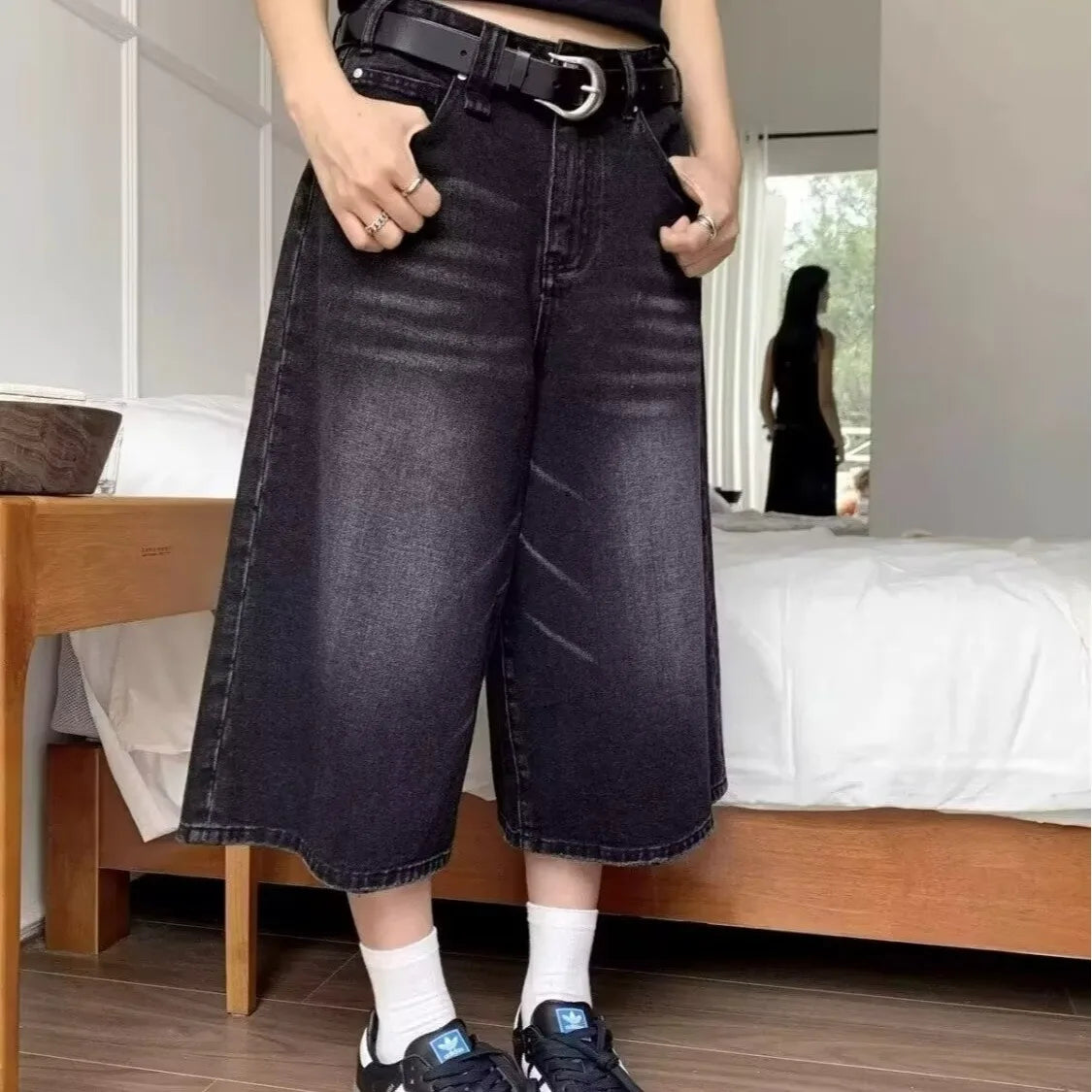 Vintage Men's Summer Loose Cropped Denim Shorts Y2k Fashion Wide Leg Washed Five-point Pants Straight Jeans Shorts
