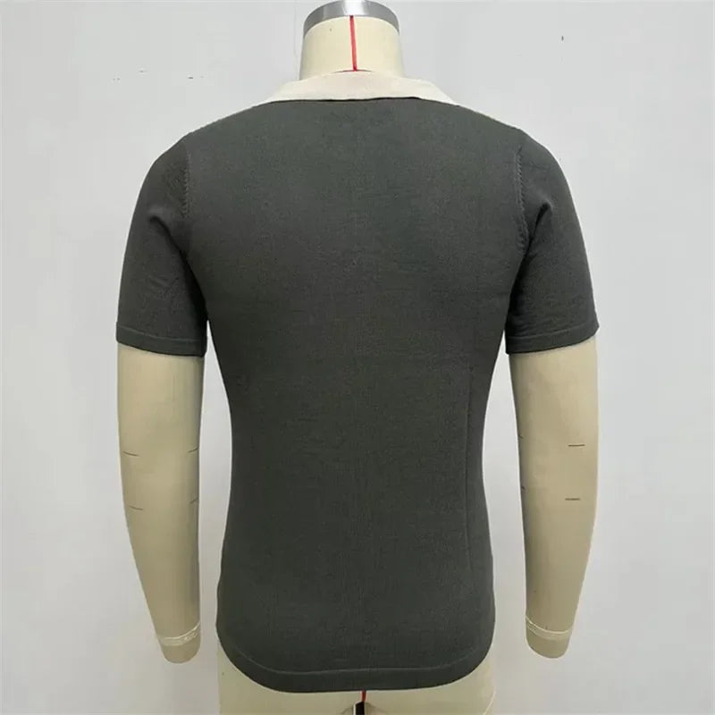 2024 Summer Contrast Color Knitted Polo Shirts Men Green Stripe Turn-down Collar Tops for Men Slim Fit Casual Business Polos